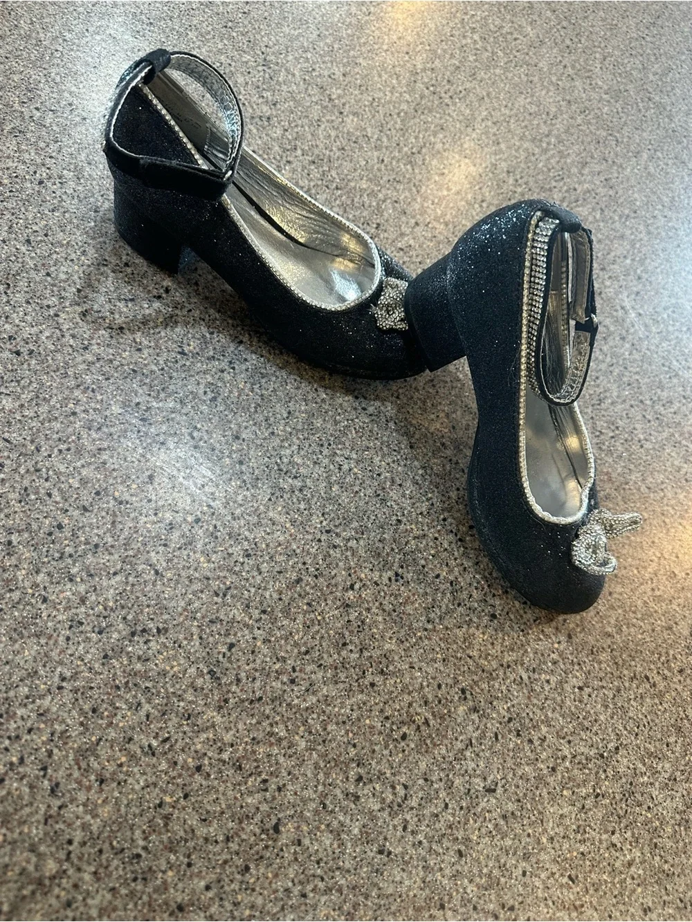 Girls' Black Glitter Mary Jane Heels with Rhinestone Bow
